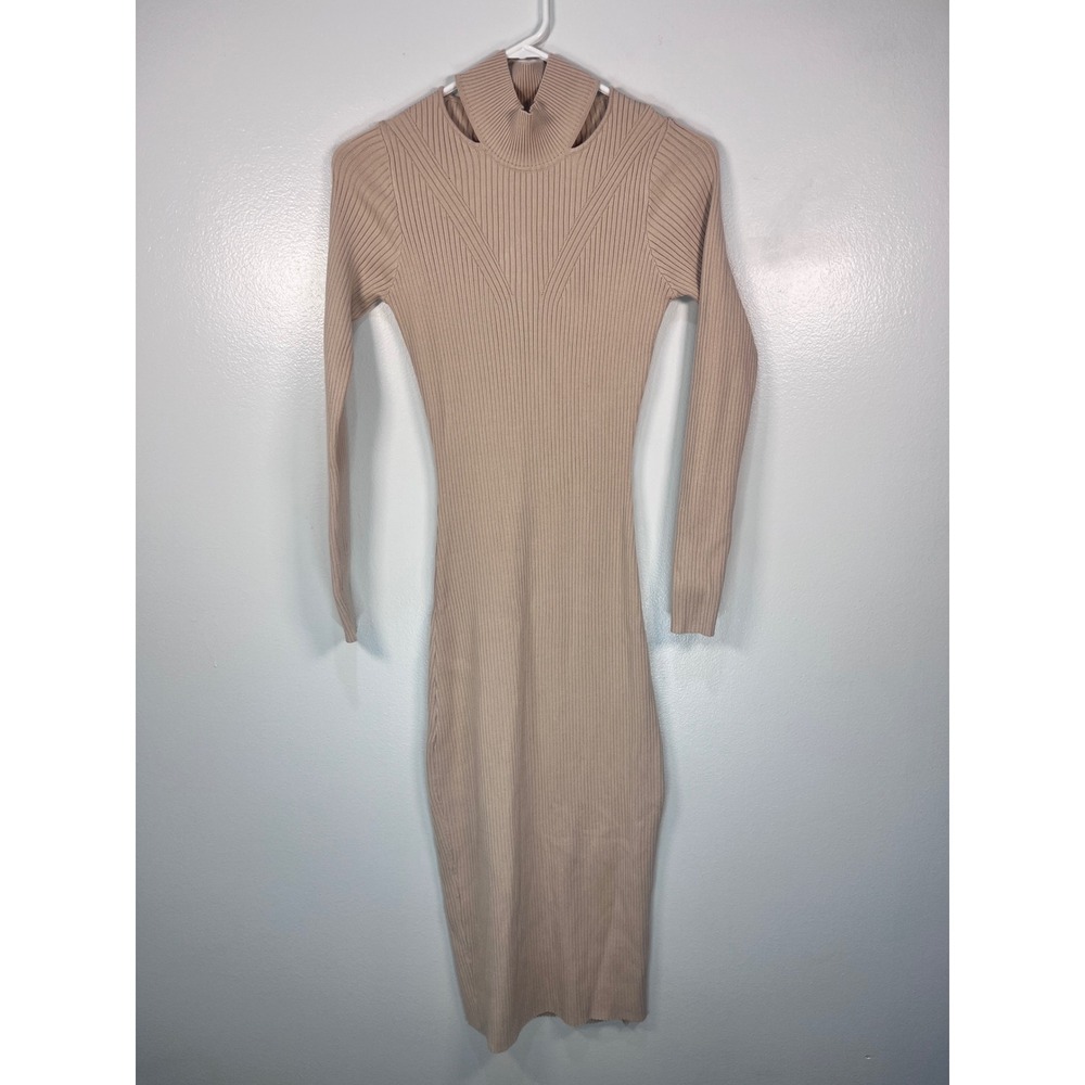 Heartloom Ribbed Mock Neck Cutout Midi Dress Beige Size S - Picture 2 of 5